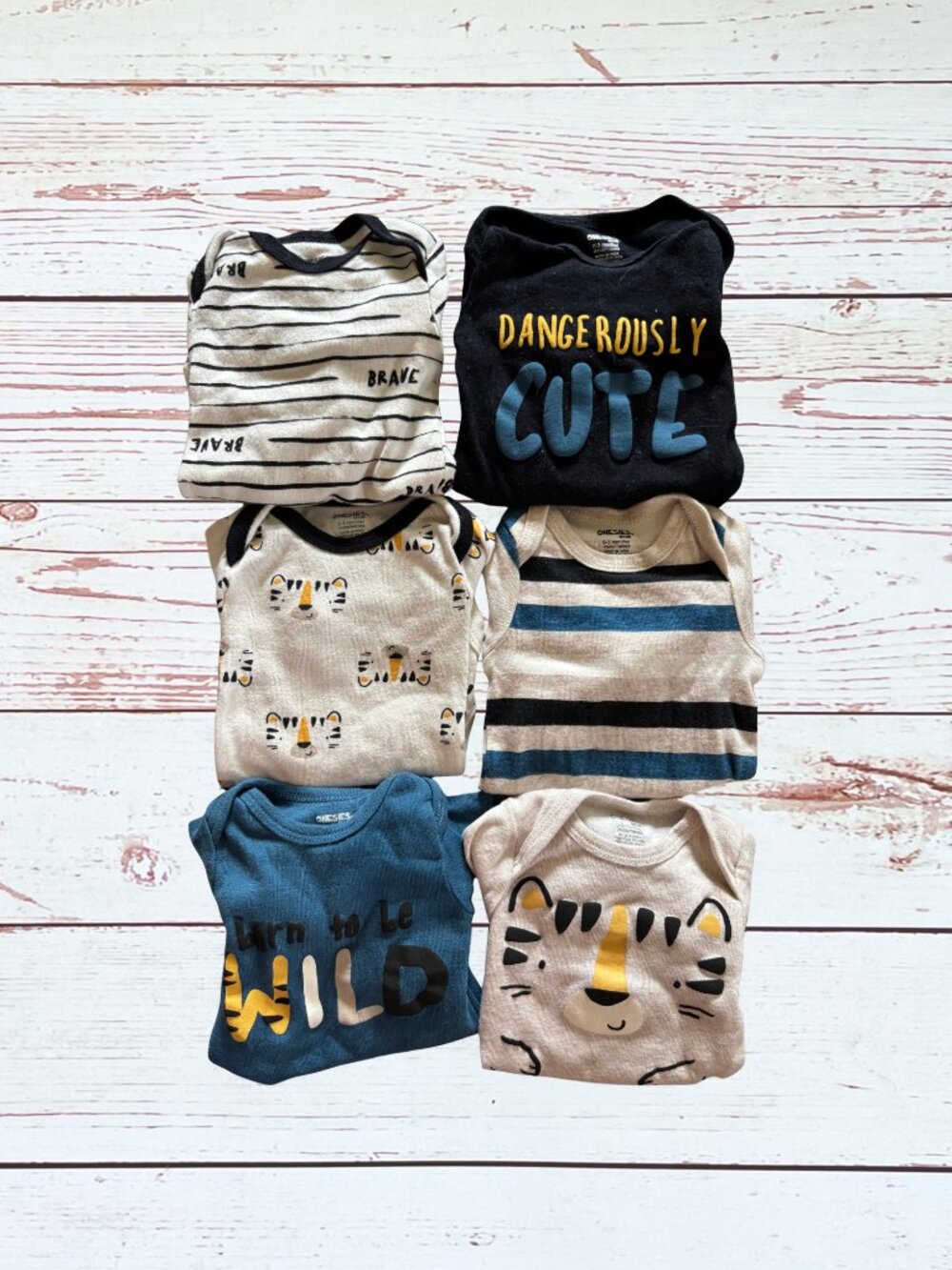 6 Pack Onesies Brand 0-3 Months Baby Boys Tiger Long Sleeve Bodysuits